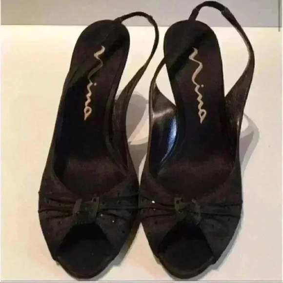 Nina Heels Sz 8 38 Black satin Sequins Peep Toe - Picture 2 of 7